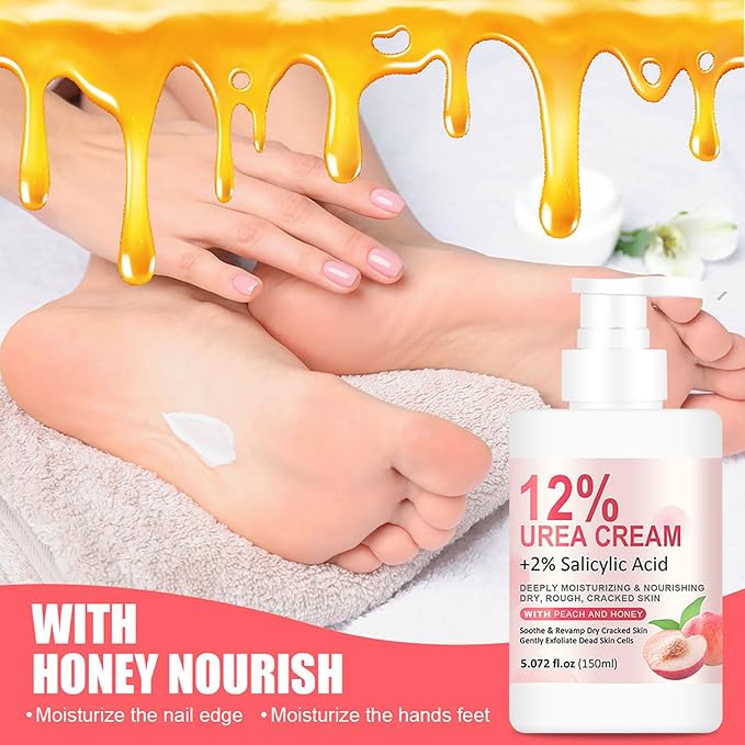 Grospe 12% Urea Hydrating and Anti-Cracking Foot Moisturizer Cream, Peach Hand and Foot Cream with Honey Hydrates and Repairs Dry Cracked Heels and Feet Women or Men 5.07oz