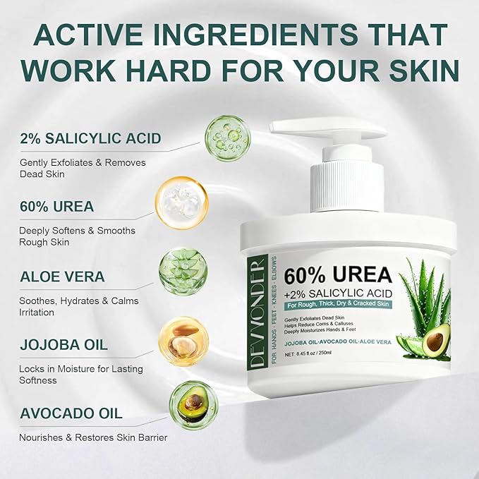 Urea Cream 60 Percent for Feet Maximum Strength with 2% Salicylic Acid 8.45 oz, Foot Cream for Dry Cracked Heels and Feet with Jojoba Oil, Avocado Oil & Aloe Vera, Urea Lotion for Callus Remover