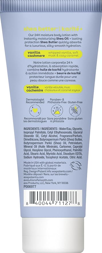 eos 24H Moisture Travel Body Lotion- Vanilla Cashmere, Travel Size Essential, Toiletries, Mini Body Lotion For Dry Skin, 2.5 fl oz (Pack of 2)