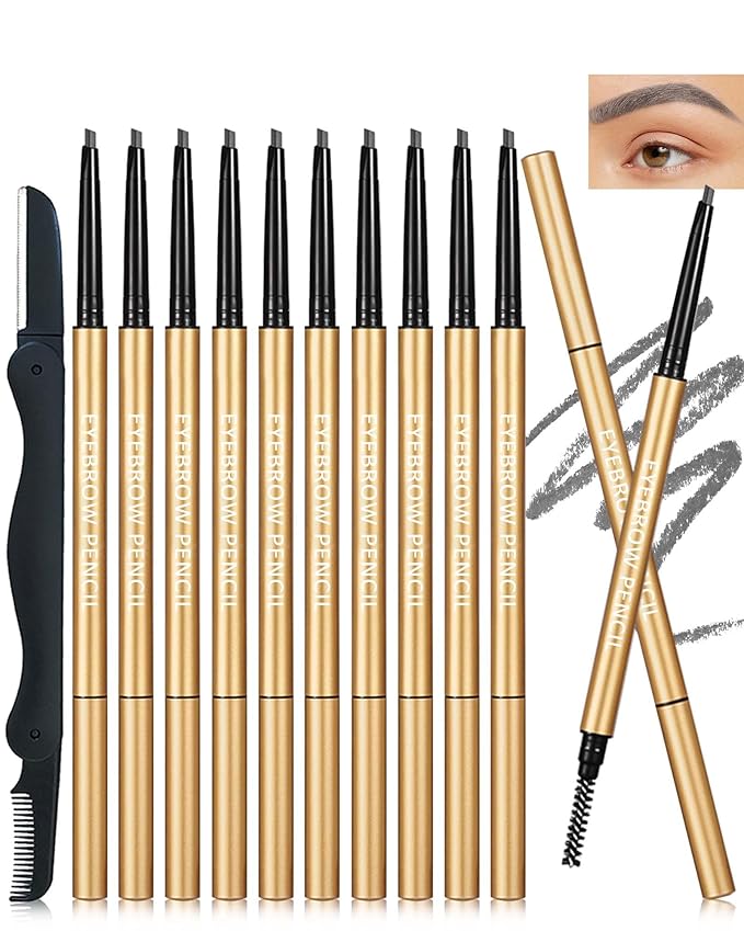 Eyebrow Pencil, 12Pcs Grey Ultra-Fine Retractable Eye Brow Pencil,Long-Lasting Waterproof Eyebrow Tint Pen Kit for Define Shape and Fill Brow,Women's Day Eye Makeup Gift Set for Women Girl-04 Gray