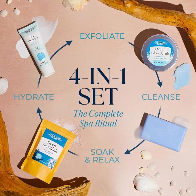 Nurture by Nature Bath Gift Set for Women - Birthday Gifts for Women, 4 Piece Spa Gift with Body Scrub, Bath Salts, Soap, Hand Cream, Self Care Gift for Mother’s Day, Gifts for Her, Gift for Mom