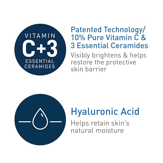 CeraVe Vitamin C Serum for Face with 10% Pure Vitamin C, Hyaluronic Acid & 3 Essential Ceramides, Skin Brightening Antioxidant Serum, Hydrates & Improves Skin Tone & Texture, Fragrance-Free, 1oz