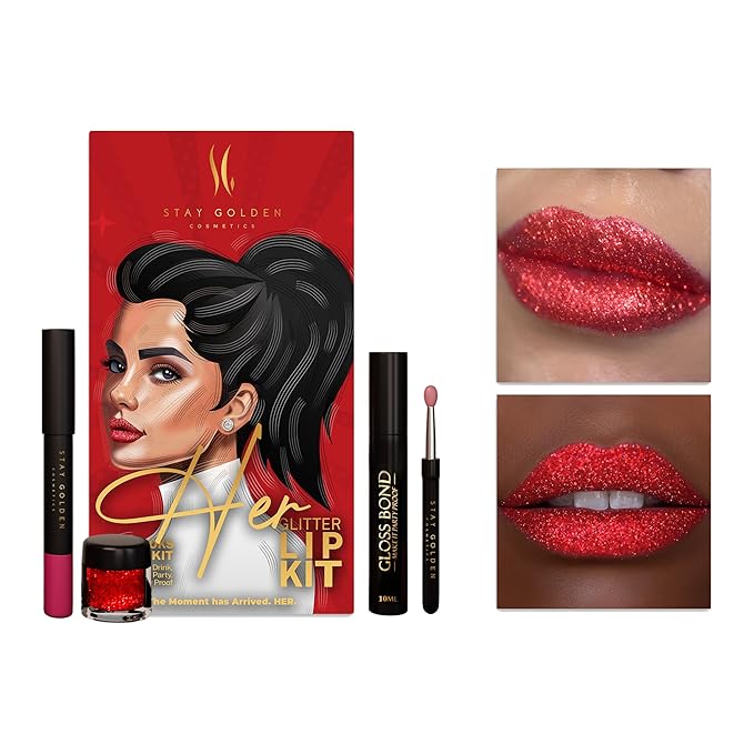 SG STAY GOLDEN COSMETICS Her Glitter Lip Kit, Cherry Red, Silver Sparkles