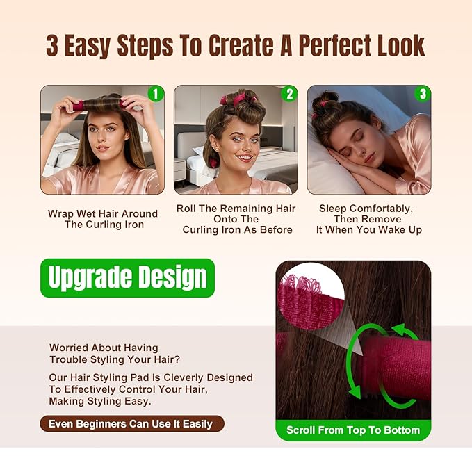 Overnight Heatless Hair Curler, Upgraded with Hair Pad Grippers Satin Jumbo Flexi Blowout Curls Rods, 3pcs No-Heat Styling Tools Curling Rod to Sleep in for All Hair Types - Wine Red