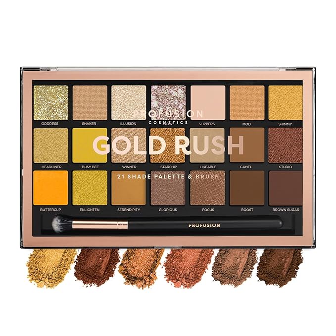 Profusion Cosmetics 21 Shades Gold Rush Eyeshadow Palette and Pro Series Brush for Flawless Eye Look, Get Attractive and Stunning Eye Look with Premium Makeup Kit