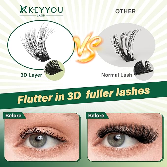KEYYOU 3D Effect lash Clusters Kit 80D100D 280pcs Eyelash Clusters Kit D Curl Individual Lashes Kit Wispy Lash Extensions Kit with Waterproof Lash Bond and Seal Tweezers (Lash Kit-8-16MIX)