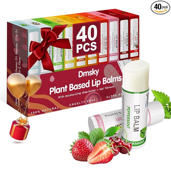 40 Pack Lip Balm Bulk, Fruit Lip Balm Variety Pack, Natural Moisturizing Balms for Dry Cracked Lips, Hydrating for Men Women Kids - 10 Flavors