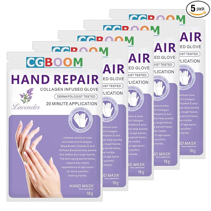 CGBOOM 5 Pairs Hand Masks Moisturizing Gloves, Hand Skin Repair Renew Mask Infused Collagen, Vitamins + Natural Plant Extracts for Dry, Aging, Cracked Hands (Lavender)
