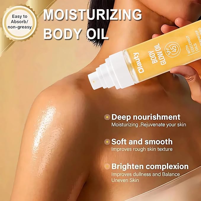 Sunscreen Body Oil SPF45 Body Glow Oil Moisturizer Serum with Coconut Oil for Dry Skin Nourishing Glowing Skin Care Body Shimmer Oils for Face & Boay,Lightweight, Non-Greasy