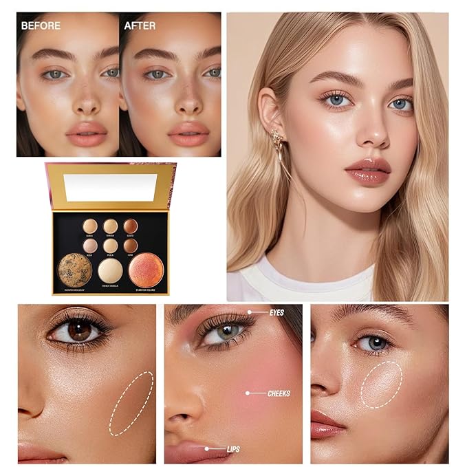 K'APEINE All in One Baked Makeup Palette, Eyeshadow, Blush Highlighter & Bronzer Face Kit Neutral Tones Baked Powder with Matte Shimmer Finish Hign Pigment Full Face Makeup Gift Set for Women-01#