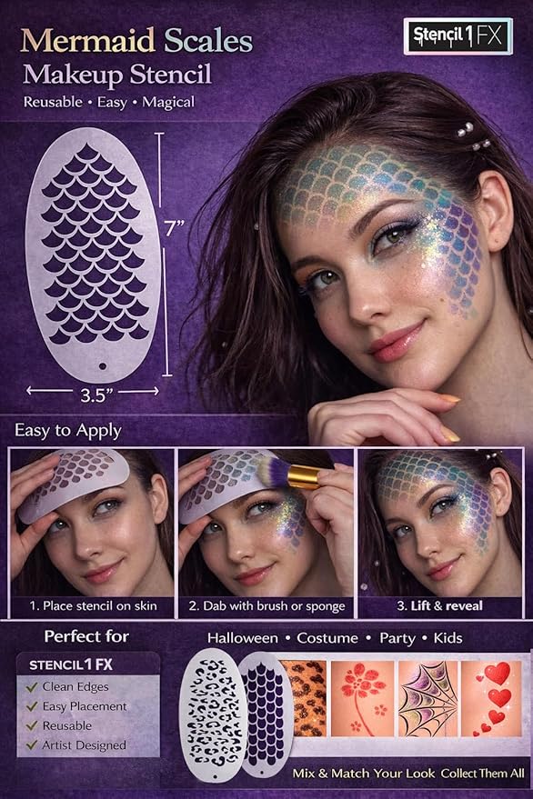 Stencil1FX - Mermaid Scales Eye Makeup Stencil for Costumes, Dress Up, Halloween, Cosplay, Face Painting, Raves, Festivals, Parades, Parties