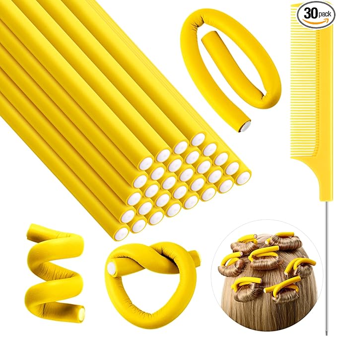 Syhood 30 Pcs 7'' Flexible Curling Rods Twist Foam Hair Rollers Soft Foam No Heat Hair Rods Rollers and 1 Steel Pintail Comb Rat Tail Comb for Women Long Short Hair(Yellow,7 x 0.3 Inch)