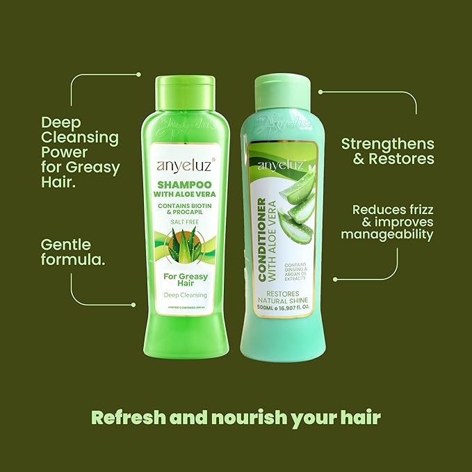 ANYELUZ Aloe Vera Shampoo and Conditioner Set, With Biotin, Provides Strength and Vitality to your Hair, Removes Excess Oil and Residues, for All Hair Types