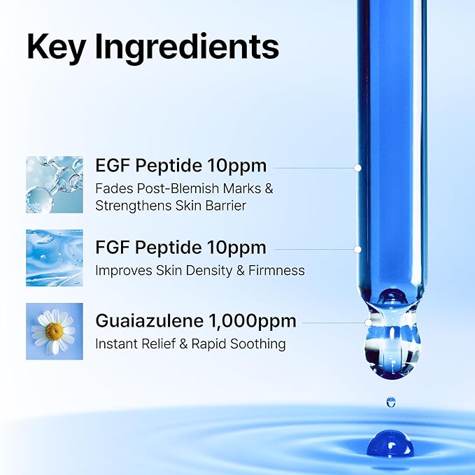 DearKlairs Korean EGF Serum – Blue Youth Activating Drop with EGF Peptides and Guaiazulene, Repairing Serum for Redness and Blemish-prone Skin, Visibly Fades Post-Blemish Marks, 0.33 Fl Oz