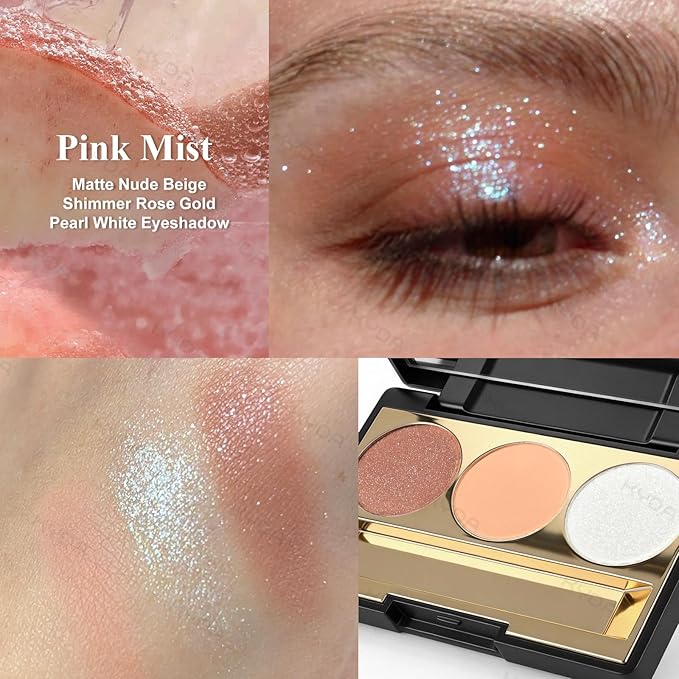 KYDA 3 Colors Eyeshadow Plaette, Shimmer Rose Golden Eyeshadow, Pearl White Nude Beige Eyes Shadow, Lasting High Pigmented Warm Rose Pink Eye Shadow, Mini Eyes Glitter Makeup Pallet for All Skin
