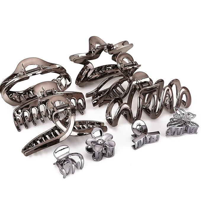 LONEEDY 10 Pack 5.1Inch Extra Large Hair Clips for Women Thick Hair and Long Hair, Silver Multi-Styles Big Claw Clips, Strong Hold Jaw Clips (Silver Black, Large)