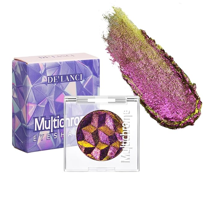 DE’LANCI Multichrome Iridescent Glitter Eyeshadow Makeup, Intense Color Shifting Single Chameleon Eyeshadow Palette, Super Pigmented Pink Rose Gold Green Shimmery Duo Chrome Colorful Eye Shadow