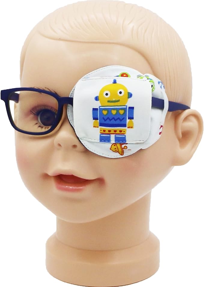 Astropic 3D Cotton & Silk Eye Patch for Kids | Boys Eye Patch for Glasses | Medical Eyepatch for Children with Lazy Eye (Yellow Robot, Left Eye)