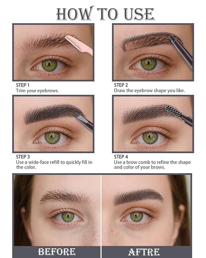 Waterproof Eye Brow Pencils for Women, 6Pcs Double-ended Grey Eyebrow Pencil with Razor Kit, Triangular Tip Design Makes it Easier to Define and Fill in Brows for a Natural Look