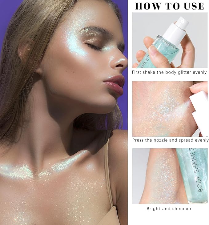HOSAILY Body Glitter Spray, Holographic Body Shimmer Quick-Drying and Non-Sticky Duochrome Glitter Hairspray for Face Clothes, Sparkle Highlighter Makeup Festival Rave Accessories, Blue