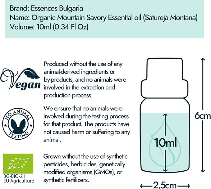 Essences Bulgaria Organic Mountain Savory Essential Oil 1/3 Fl Oz | 10ml | Satureja Montana | 100% Pure and Natural | Undiluted | Therapeutic Grade | Family Owned Farm | Steam-Distilled | Non-GMO