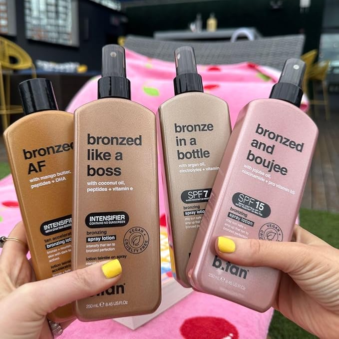 b.tan SPF 7 Sun Tanning Lotion Spray | Bronze In a Bottle - Best Tan Intensifier, Browning Outdoor Bronzing Accelerator, Packed with Argan Oil, Electrolytes, & Vitamin C, Austrailian Brand, 8.45 Fl Oz