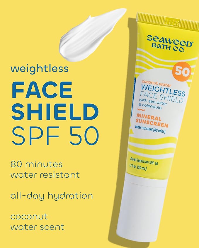 Seaweed Bath Co. Weightless Face Shield SPF 50- Lightweight Mineral Sunscreen with Zinc Oxide - Daily Hydrating Facial SPF Serum & Water Resistant Facial Moisturizer 1.7 Oz.
