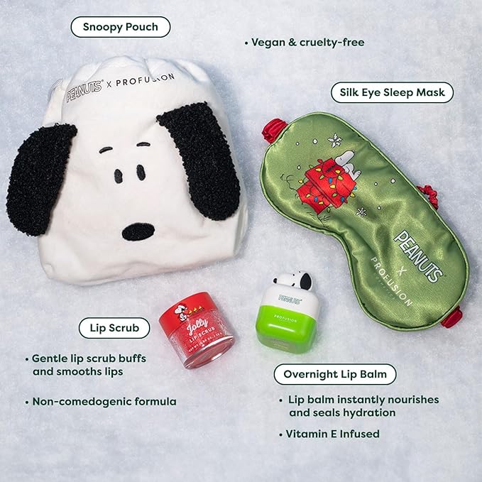 Profusion Cosmetics Peanuts Holiday Goodnight Set, Featuring A Lip Balm, Scrub, Snoopy Pouch and Eye Sleep Mask, Infused with Vitamin E