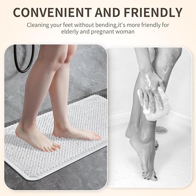 Yolife Shower Foot Scrubber Mat, Anti-Slip Bath Mat with Scrub Bristles, Soft Shower Foot Massager with Strong Suction Cups for Soothe Achy Feet (White, 25.6" x 13.4")