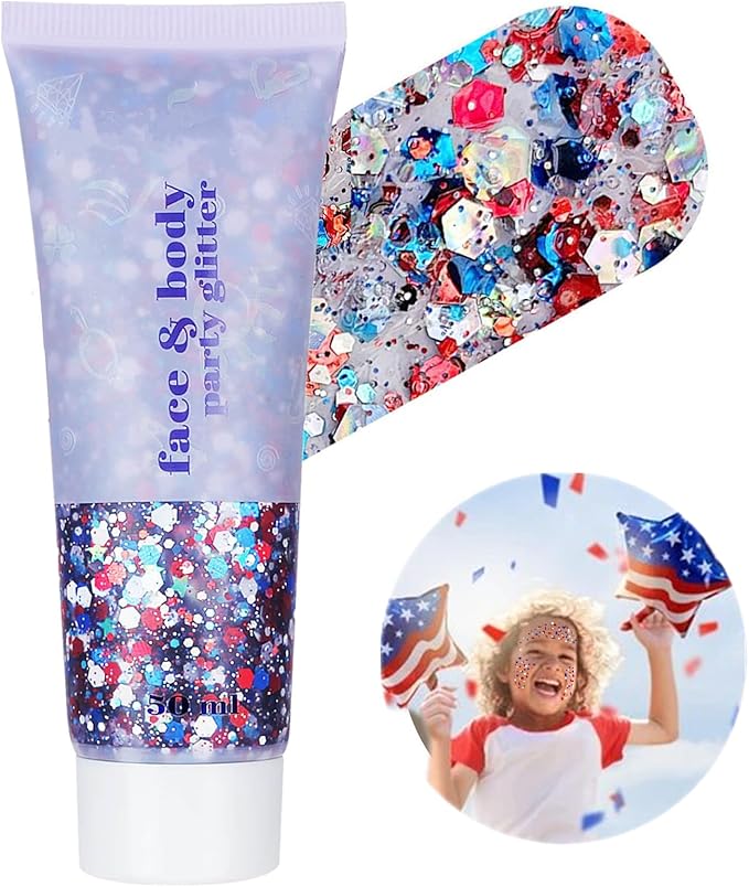 Go Ho Red White and Blue Body Glitter,4th of July Outfits for Women&Kids,Patriotic USA Flag Face Hair Glitter for Memorial Independence Day,Holographic Chunky Glitters Sequins,4th of July Accessories