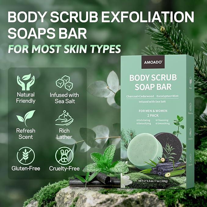Exfoliating Body Scrub Soap Bar, 2 Pack Eucalyptus & Charcoal Soaps, Dead Sea-Salt Exfoliating Soap for Men & Women, Detox Cleansing, Smooth & Soften Skin