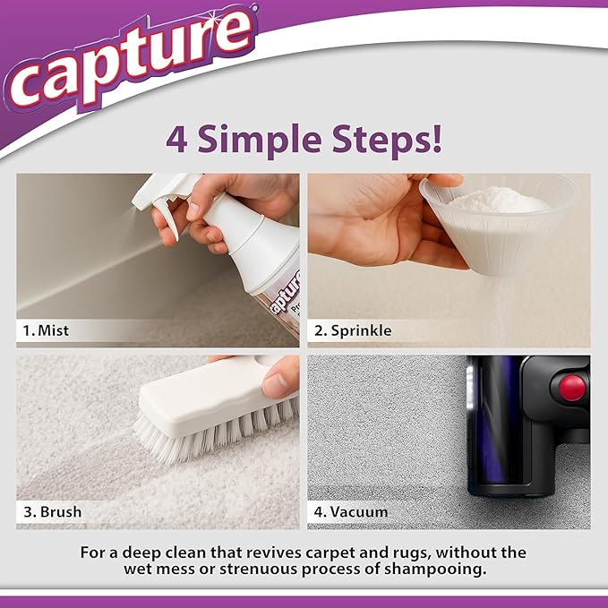Capture Carpet Total Care Kit 250 - Carpet Deodorizer & Freshener Powder - Spot & Stain Remover - Pet Odor Eliminator - Fresh Natural Scent - Dry Rug Powder Cleaner w/Pre-Mist Spray