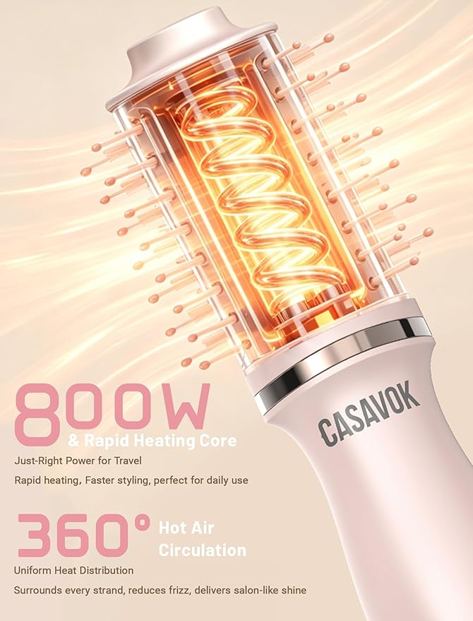 Dual Voltage Hair Dryer Brush for Travel, 4 in 1 Mini Hot Air Brush Blow Dryer Brush for Short Hair, 2 Inch Oval Curling Straightener Volumizer, 120-240V Dual Voltage with EU/UK Adapters, Pink