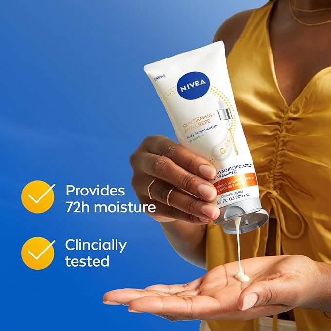 NIVEA Skin Firming & Anti Crepe Body Serum-Lotion with Q10, Hyaluronic Acid and Vitamin C, Skin Firming Body Lotion for Crepey Skin, 72-Hour Moisture, 6.7 Fl Oz Tube