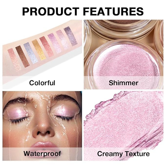 FeiCuiYun Cream Glitter Soft Pink Shimmer Metallic Eyeshadow Palette Makeup, Natural Single Mini Instant Holographic Eyeshadow For Women, Sombras Crema Para Ojos, Talc, Paraben & Cruelty Free