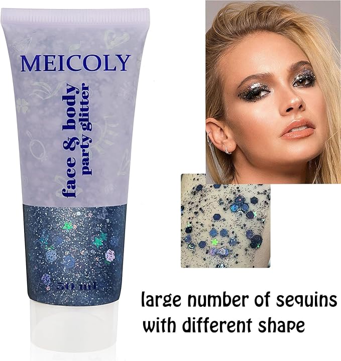 MEICOLY Black Glitter, Professional Body Paint, Holographic Mermaid Sequins Eye Glitter for Halloween Cosplay SFX Makeup, Self-Adhesive Chunky Face Gel for Women and Kids