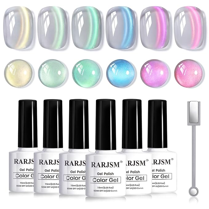 RARJSM Pastel Aurora Ceramics Glitter Cat Eye Gel Nail Polish Set 6Pcs Champagne Gold Green Mint Icy Blue Violet Pink Smoothie Glassy Cateye Gel Polish with Magnetic Stick Curing Require Home Salon
