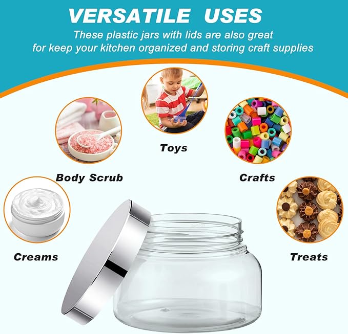 Tessco for you 24 Pack Plastic Jars with Lids Labels Multiuse Slime Containers Empty Body Scrub Jars Round Refillable Cosmetic Body Butter Container for Makeup (8 oz,Clear,Silver)