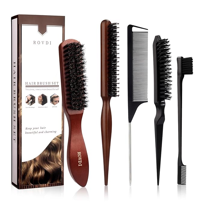 5pcs/Set Deluxe Boar Bristle Hair Brush & Comb Set - Unisex Edge Control Styling Kit for Slick Back, Teasing, Smoothing, Detangling, and Adding Volume - Suitable for Curly, Normal, and Wavy Hair Types