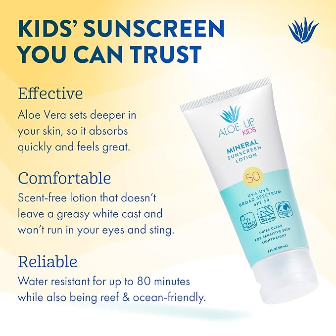 Aloe Up Kids Mineral Sunscreen SPF 50 – Broad Spectrum Protection for Face & Body – Gen2 Zinc Oxide & Aloe Vera Gel – Reef Friendly, Water Resistant 80 Minutes – Fragrance-Free – 3 Oz