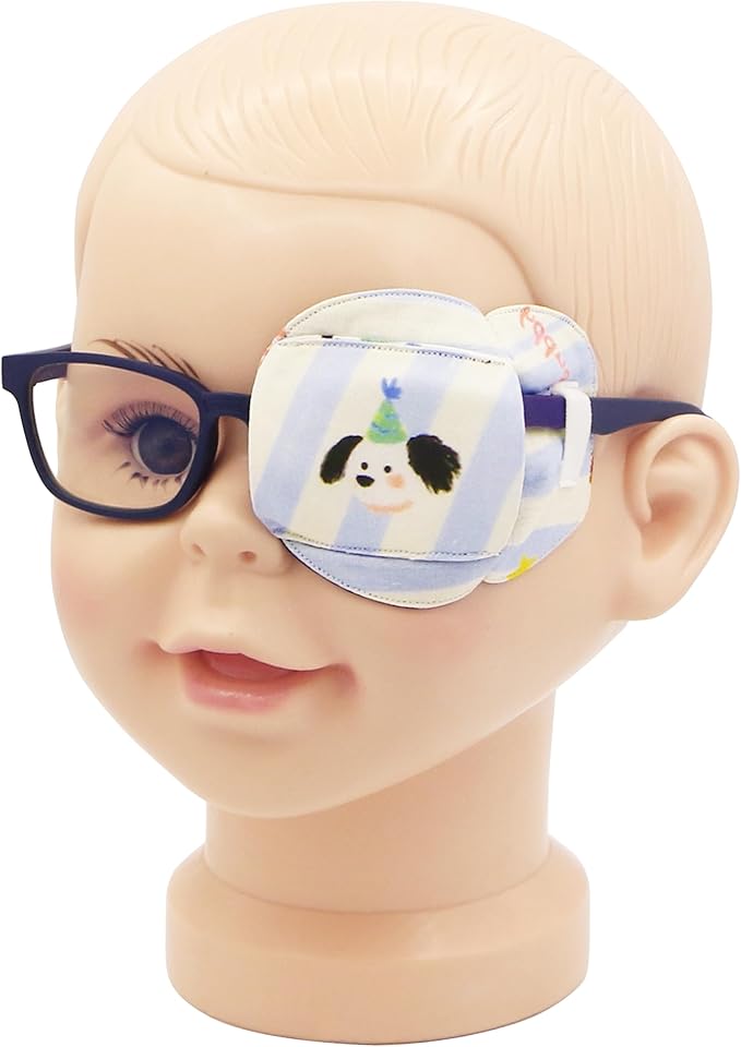 Astropic 3D Cotton & Silk Eye Patch for Kids | Boys Girls Eye Patch for Glasses | Medical Eyepatch for Children with Lazy Eye (Green Hat Puppy, Left Eye)