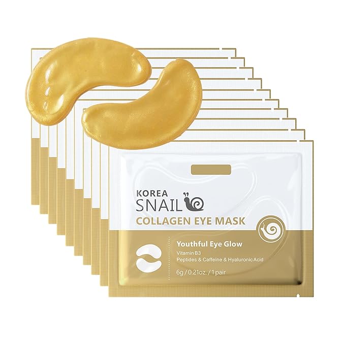 10 Pairs Snail Collagen Eye Mask, Under Eye Patches Collagen Pads with Peptides & Hyaluronic Acid, Hydrating & Smoothing, Reduces Puffiness Dark Circles & Fine Lines, Radiance Skin