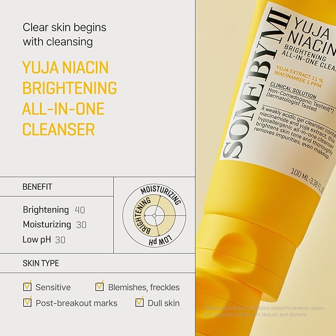 SOME BY MI Yuja Niacin Brightening All in One Cleanser - 3.38Oz, 100ml - Mild Daily Face Wash for Dull-Looking Skin - Low pH Formula with No Irritation - Pore and Sebum Care - Korean Skin Care