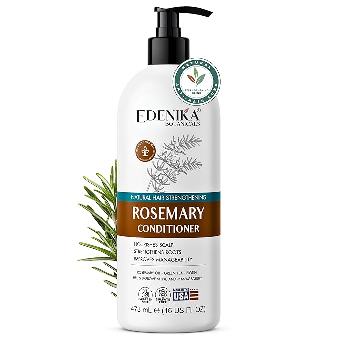 Edenika Botanicals Rosemary Oil Conditioner Treatment with Biotin for Thinning Hair, Anti-Hair Loss, Detangling, Nourishing & Strengthening, Women & Men, Sulfate-Free, Organic, 16 fl oz