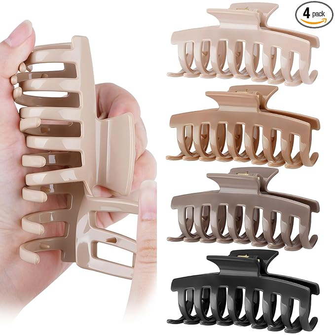 TOCESS Nylon Hair Claw Clips: Flexible & Unbreakable Safe Large Neutral Hair Claws for Thick/Thin Hair Women - Strong Hold 4 Pack 4 Inch Big Jaw Clips