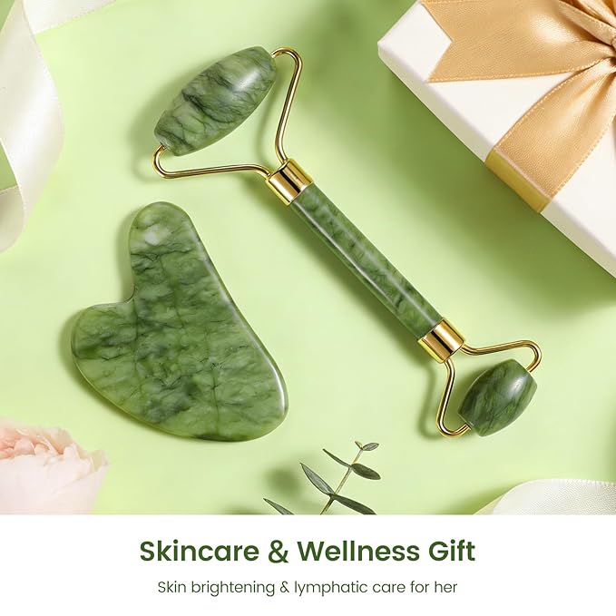 Jade Roller & Gua Sha Set - Natural Jade Face Roller Facial Massage Skincare Tools for Women,Reduce Puffiness and Fine Lines (Forest Green)