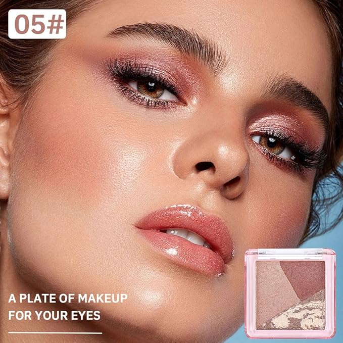 Mini Brown Red Baked Eyeshadow Palette, 3 Shade Shimmer Eye Shadow, Warm Retro Glam Makeup, Smooth Blendable & Buildable, No Fallout, Long-Lasting Daily & Evening Look, Paleta de Sombras de Ojos 05