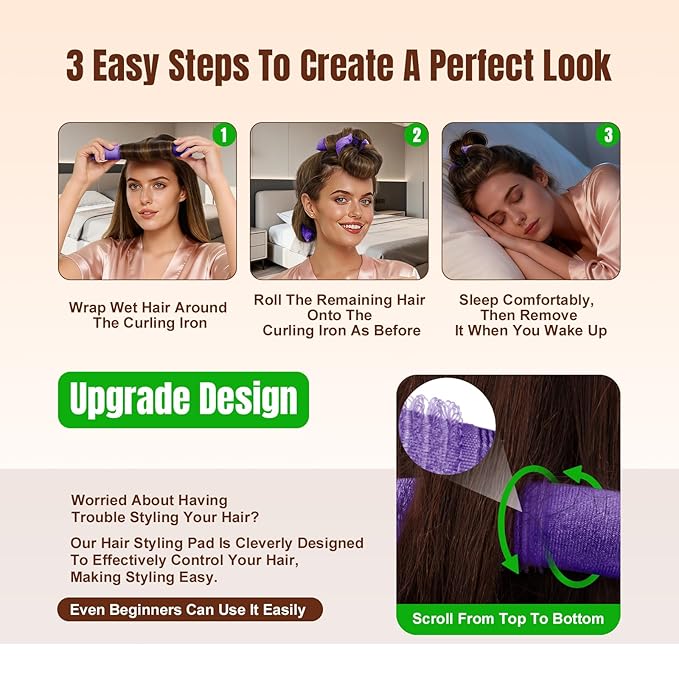 Overnight Heatless Hair Curler, Upgraded with Hair Pad Grippers Satin Jumbo Flexi Blowout Curls Rods, 3pcs No-Heat Styling Tools Curling Rod to Sleep in for All Hair Types - Purple
