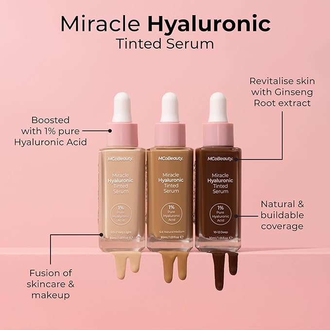 MCoBeauty Miracle Hyaluronic Tinted Serum 0.5-2 Very Light - Hydrating Skin Tint Foundation with Hyaluronic Acid Ginseng - Buildable Sheer to Medium Coverage Dewy Finish - Vegan Cruelty Free Makeup