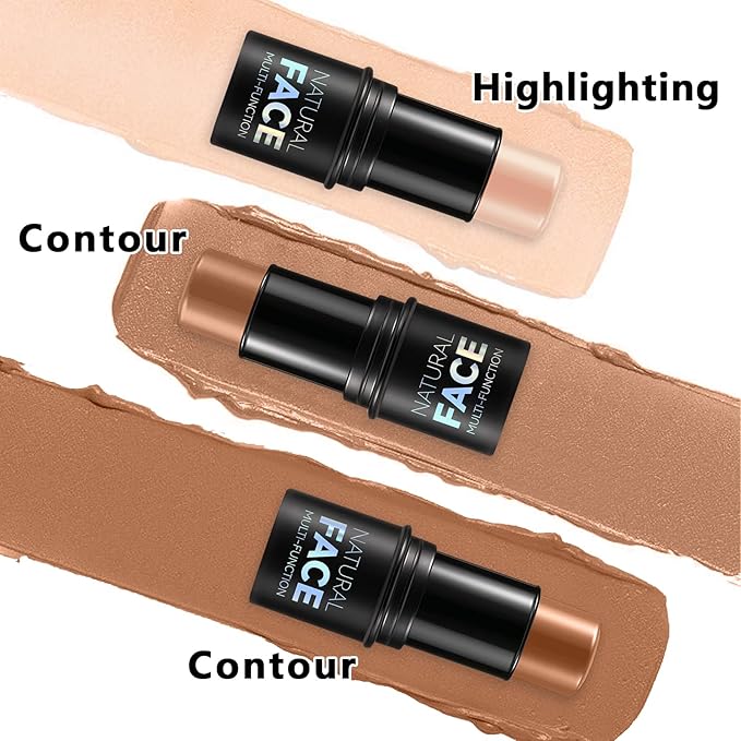 3Pcs Cream Contour Stick Makeup Kit, Shades with Highlighter, Blush and Bronzer Contour Stick for Sculpt the Cheeks, Long Lasting, Waterproof, Matte & Dewy Finish (H)